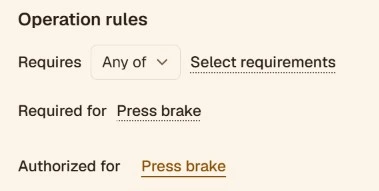 An operator's rules in ArchiPlan: authorized for the press brake
